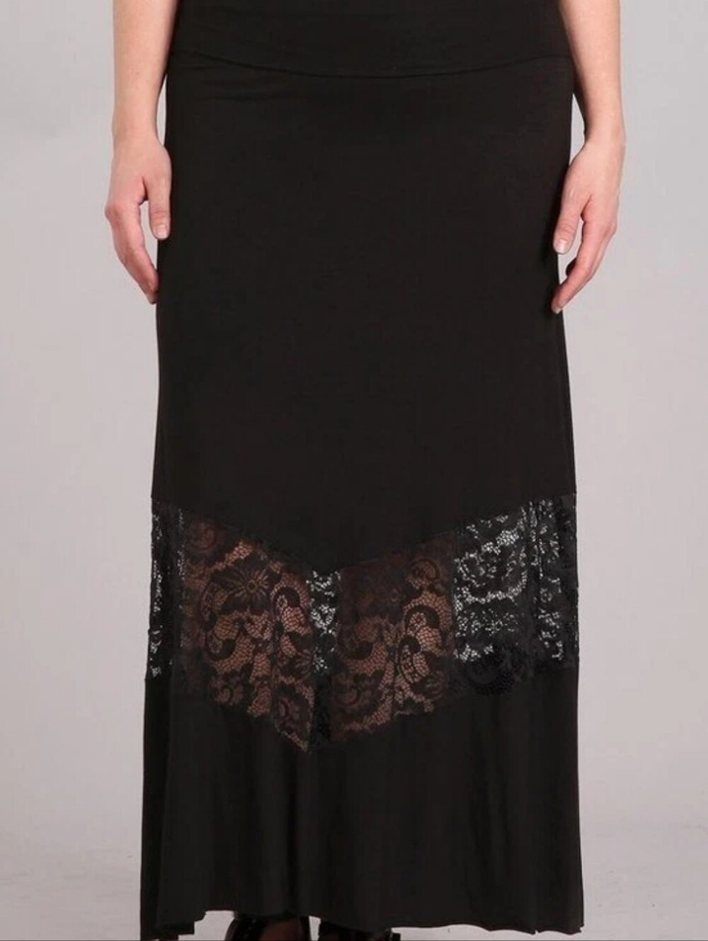 🖤 Chatoyant Black Slinky Jersey Knit Chevron Lace Panel Maxi Skirt
